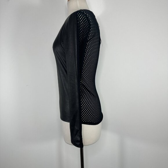 NWT BCBG MAX AZRIA Callan Long Sleeve Faux Leather Mesh Contrast Back Top XXS - Picture 6 of 13
